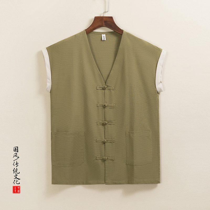 QT715-C812-P55风复古风盘扣唐装背心男士休闲汉服无袖马甲-1，男装背心/马甲，钱塘715