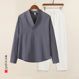 QT715-TZ7029-P75风春秋棉麻长袖T恤套装男中式唐装两件套图片