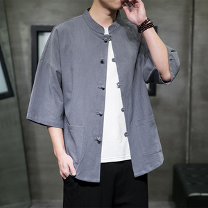 QT715-7210-P55夏季风棉麻开衫短袖衬衫宽松男半袖衬衣-灰图片