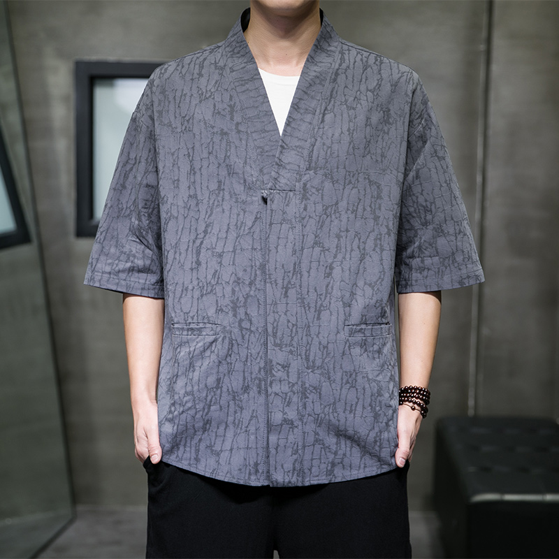 QT715-808-P60夏季风棉麻提花短袖衬衫男暗扣V领衬衣-1，男装衬衫，钱塘715
