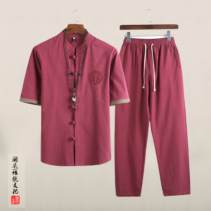 QT715-TZ7056-P80风棉麻短袖衬衫套装男唐装复古两件套-黑,男装衬衫,钱塘715