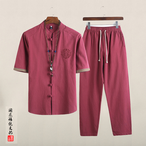 QT715-TZ7056-P80风棉麻短袖衬衫套装男唐装复古两件套-黑图片