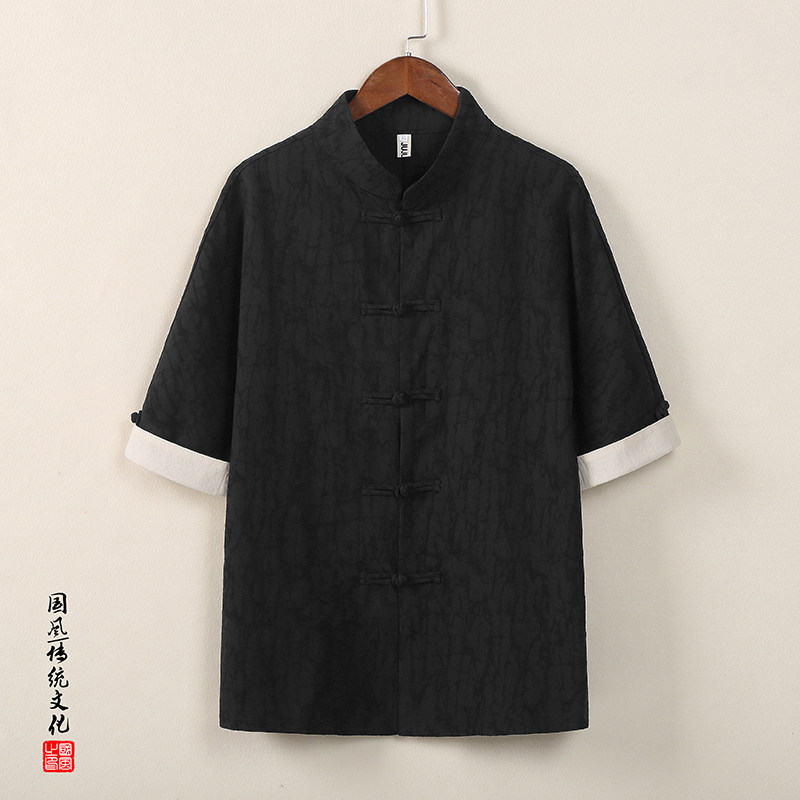 QT715-C807-P65风夏季棉麻提花短袖衬衫中式唐装衬衣-黑图片