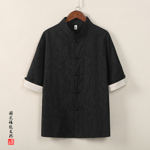 QT715-C807-P65风夏季棉麻提花短袖衬衫中式唐装衬衣-黑图片