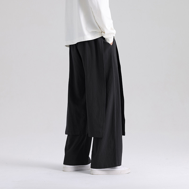 QT715-K7109-P65风棉麻假两件飘逸休闲长裤男直筒裤裙裤-白,男装休闲裤,钱塘715