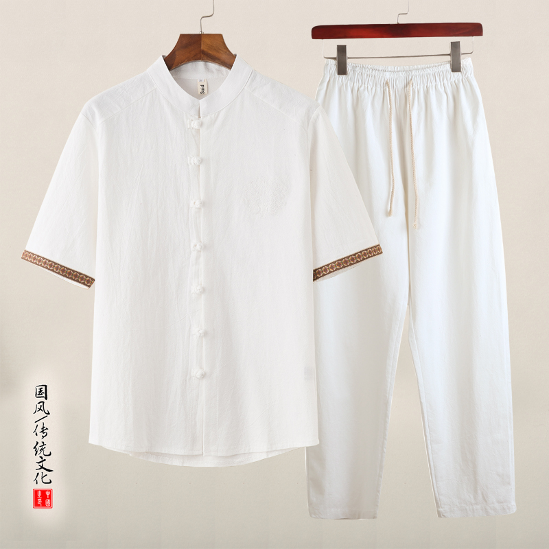 QT715-tz7056-P80风棉麻短袖衬衫两件套装-白，男装T恤，钱塘715