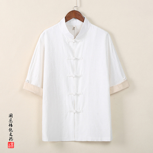 QT715-C807-P65风夏季棉麻提花短袖衬衫中式唐装衬衣-黑图片