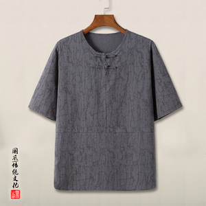 QT715-T2-P60风夏季棉麻提花短袖圆领T恤男复古盘扣唐装-黑图片