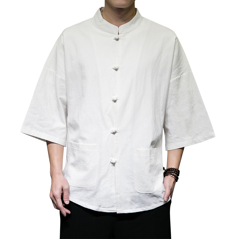 QT715-7210-P55夏季风棉麻开衫短袖衬衫宽松男半袖衬衣-灰,男装衬衫,钱塘715