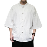 QT715-7210-P55夏季风棉麻开衫短袖衬衫宽松男半袖衬衣-白，男装衬衫，钱塘715