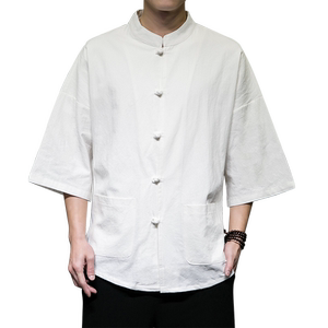 QT715-7210-P55夏季风棉麻开衫短袖衬衫宽松男半袖衬衣-灰图片