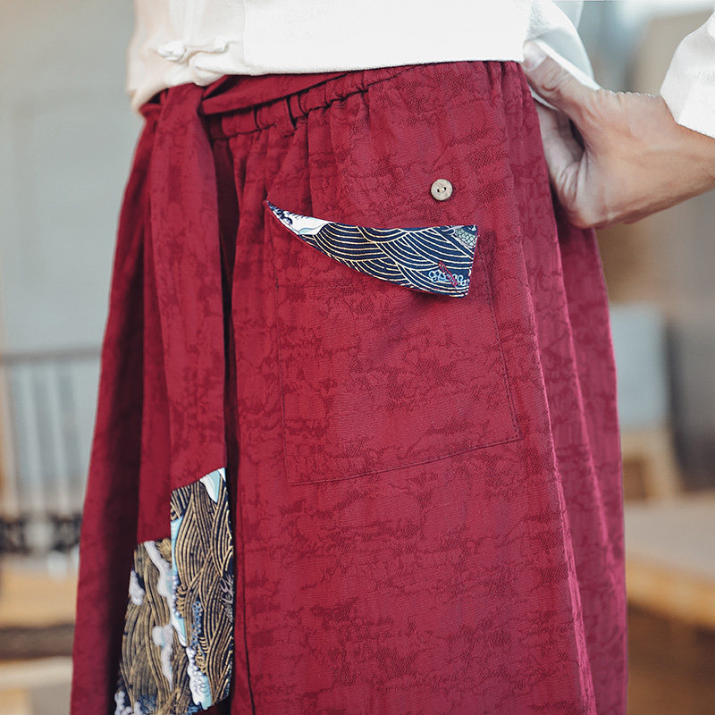 QT715-7110-P80风棉麻拼接宽松吊裆裤潮流吊裆裤垮裤-红,男装休闲裤,钱塘715