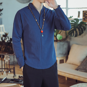 QT715-7029-P40风秋季中式棉麻长袖T恤复古汉服打底唐装-白图片