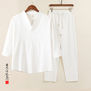 QT715-TZ7022-P63风棉麻套装男夏季复古V领七分袖两件套-9图片