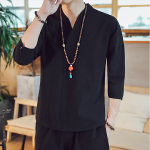 QT715-7022-特P25夏季风V领汉服七分袖T恤棉麻男短袖体恤-红图片