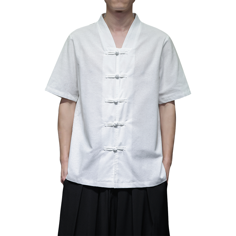 QT715-820-P55风夏季短袖衬衫V领棉麻大码盘扣半袖衬衣-黑,男装T恤,钱塘715