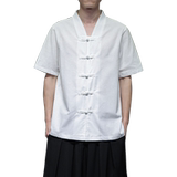 QT715-820-P55风夏季短袖衬衫V领棉麻大码盘扣半袖衬衣-白，男装衬衫，钱塘715