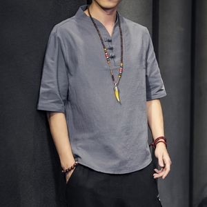 QT715-7026-P35夏季风V领汉服五分袖T恤棉麻男短袖体恤-蓝图片
