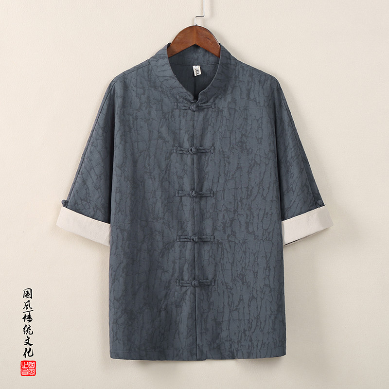 QT715-C807-P65风夏季棉麻提花短袖衬衫中式唐装衬衣-黑,男装衬衫,钱塘715