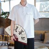QT715-816-P65风衬衫领短袖提花棉麻T恤男盘扣复古小衫-红，男装T恤，钱塘715