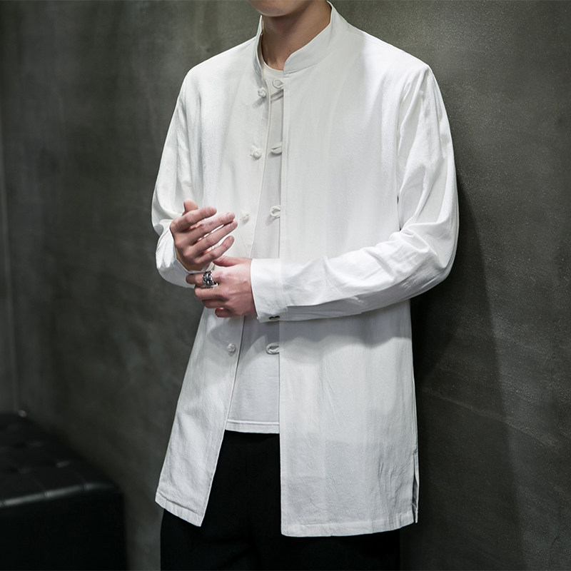 QT715-C7211-P65风棉麻中长款风衣长袖衬衫盘扣唐装中式复古,男装风衣,钱塘715