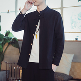 QT715-7017-P55秋季风棉麻盘扣中式唐装长袖衬衫男-黑，男装衬衫，钱塘715