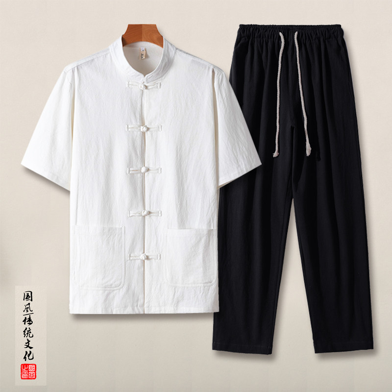 QT715-TZ7010-P90风夏季棉麻衬衫套装男士中式唐装两件套-白1图片