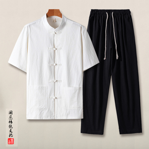 QT715-TZ7010-P90风夏季棉麻衬衫套装男士中式唐装两件套-黑