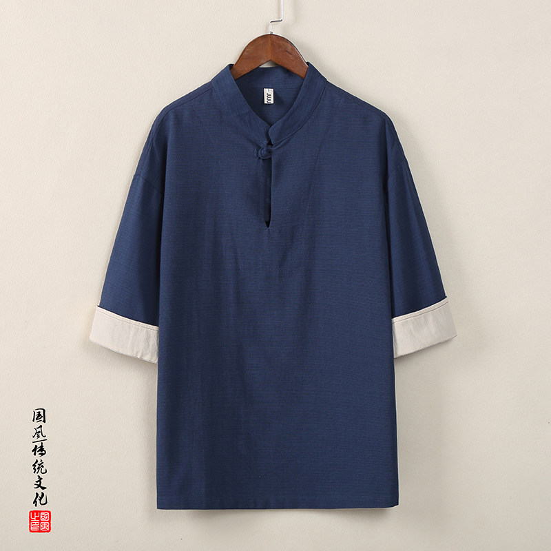 QT715-T810-P45夏季风棉麻立领盘口复古短袖T恤男-蓝图片