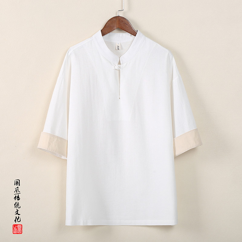 QT715-T810-P45夏季风棉麻立领盘口复古短袖T恤男-蓝,男装T恤,钱塘715