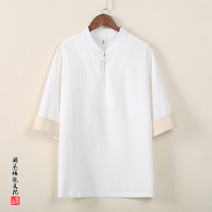 QT715-T810-P45夏季风棉麻立领盘口复古短袖T恤男-蓝图片