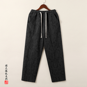 QT715-K899-P55风春秋棉麻提花休闲裤男直筒宽松大码裤子-灰图片