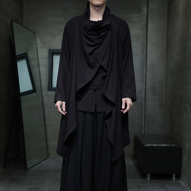 QT715-818-P115风2025亚麻汉服居士风衣男古装禅修假两件衬衫,男装风衣,钱塘715