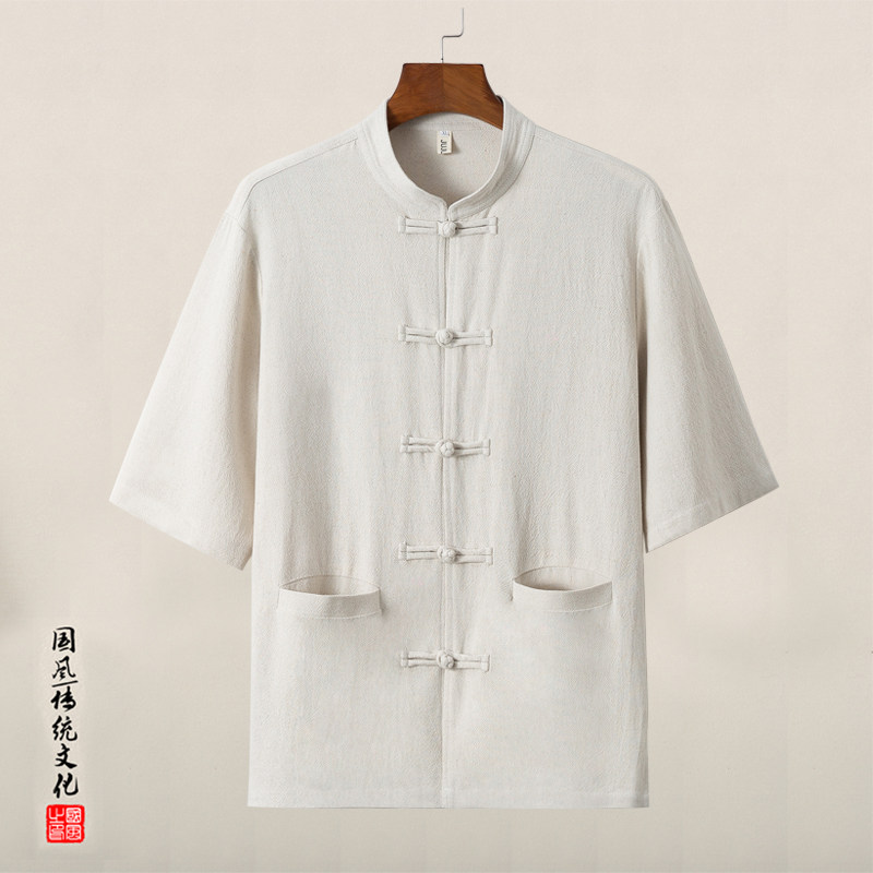 QT715-C06-P60夏季风麻料坠感短袖衬衫男唐装复古盘扣衬衣-麻图片