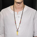 QT715-7025-P35夏季风V领汉服七分袖T恤棉麻男短袖体恤-蓝，男装T恤，钱塘715