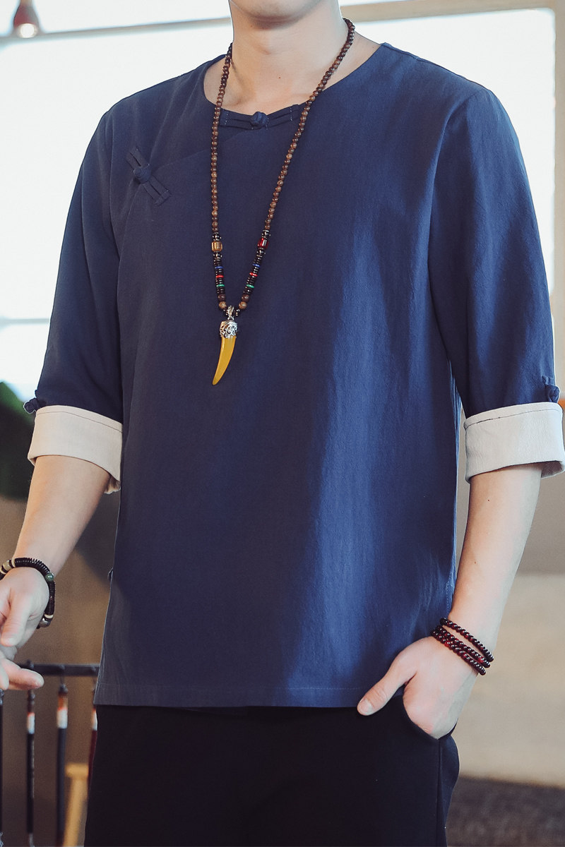 QT715-7221-P60风夏季短袖汉服衬衫男盘扣古装唐装-蓝,男装T恤,钱塘715