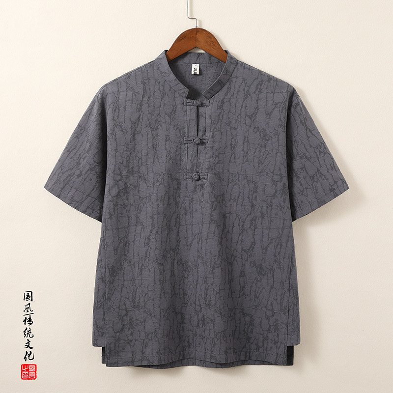QT715-815-P60夏季风提花棉麻短袖衬衫男大码盘扣立领体恤-白,男装T恤,钱塘715