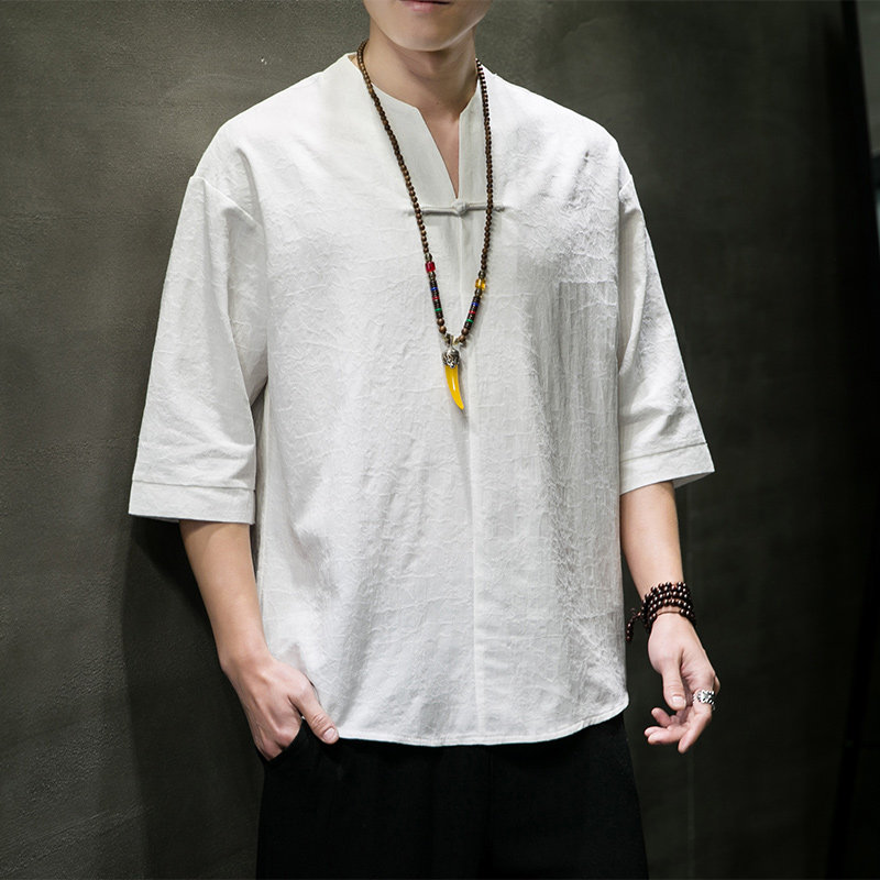 QT715-T1-P60夏季风棉麻提花盘扣V领短袖T恤男中袖小衫-白图片