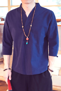 QT715-7022-特P25夏季风V领汉服七分袖T恤棉麻男短袖体恤-蓝图片