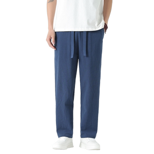 QT715-895-P55风2025棉麻休闲裤男直筒宽松大码裤子-白图片