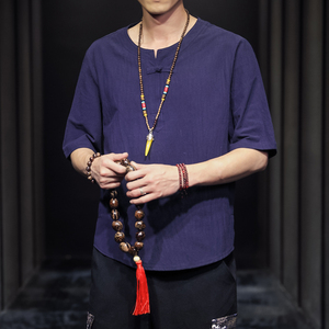 QT715-7025-P35夏季风V领汉服七分袖T恤棉麻男短袖体恤-灰图片