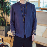 QT715-7016-P70秋季风亚麻刺绣陶瓷扣中式唐装长袖衬衫男-蓝，男装衬衫，钱塘715