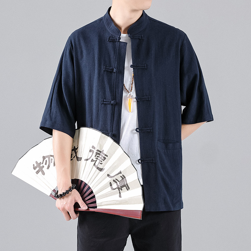 QT715-C6-P60夏季风坠感开衫短袖衬衫麻料立领男半袖衬衣-灰,男装T恤,钱塘715