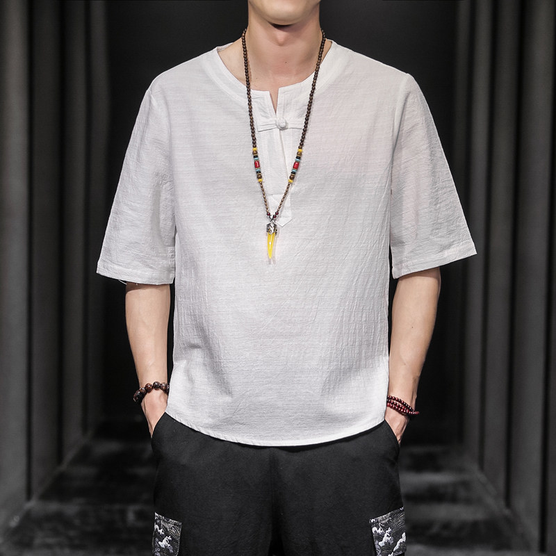 QT715-7025-P35夏季风V领汉服七分袖T恤棉麻男短袖体恤-蓝,男装T恤,钱塘715