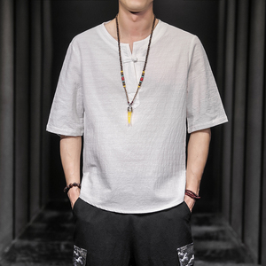QT715-7025-P35夏季风V领汉服七分袖T恤棉麻男短袖体恤-灰图片