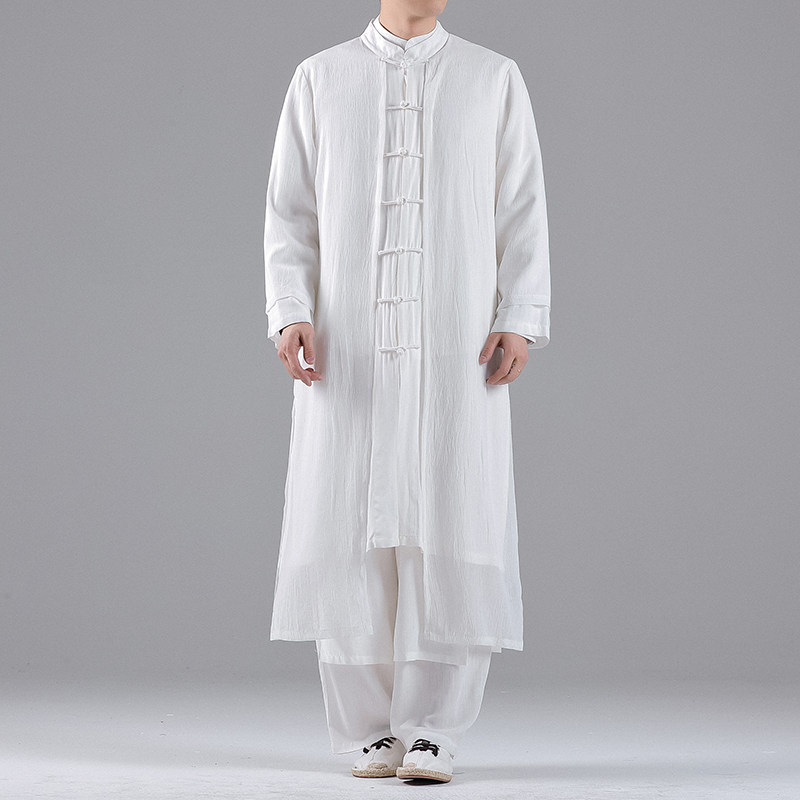 QT715-A2-P135风开衫禅修茶服仙气飘飘汉服盘扣长款唐装-黑,男装风衣,钱塘715