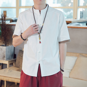 QT715-7013-P50风夏季棉麻刺绣盘扣中式唐装短袖衬衫男-蓝图片