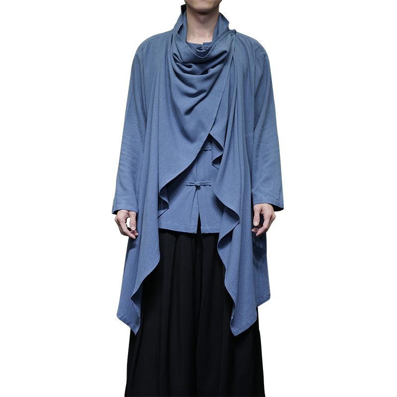 QT715-818-P115风2025亚麻汉服居士风衣男古装禅修假两件衬衫,男装风衣,钱塘715