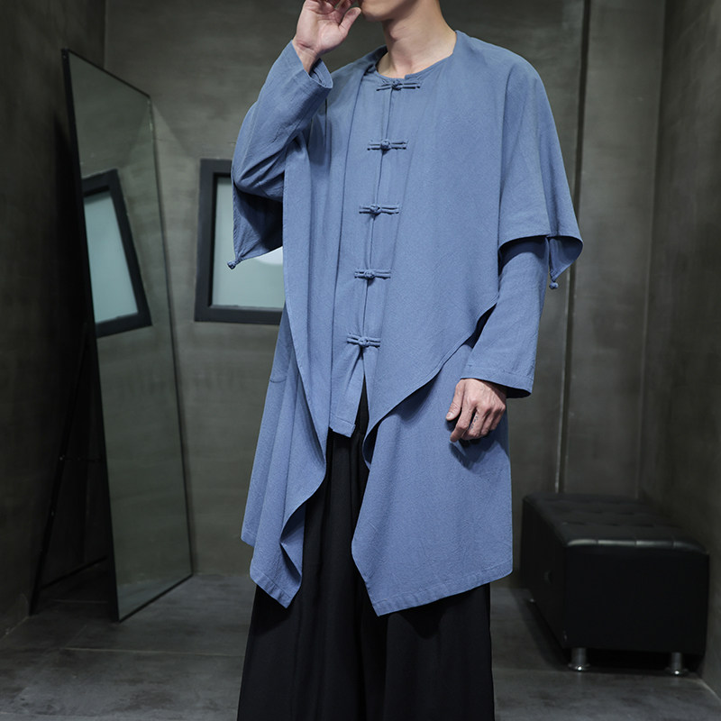 QT715-818-P115风2025亚麻汉服居士风衣男古装禅修假两件衬衫,男装风衣,钱塘715
