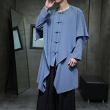 QT715-818-P115风2025亚麻汉服居士风衣男古装禅修假两件衬衫，男装风衣，钱塘715